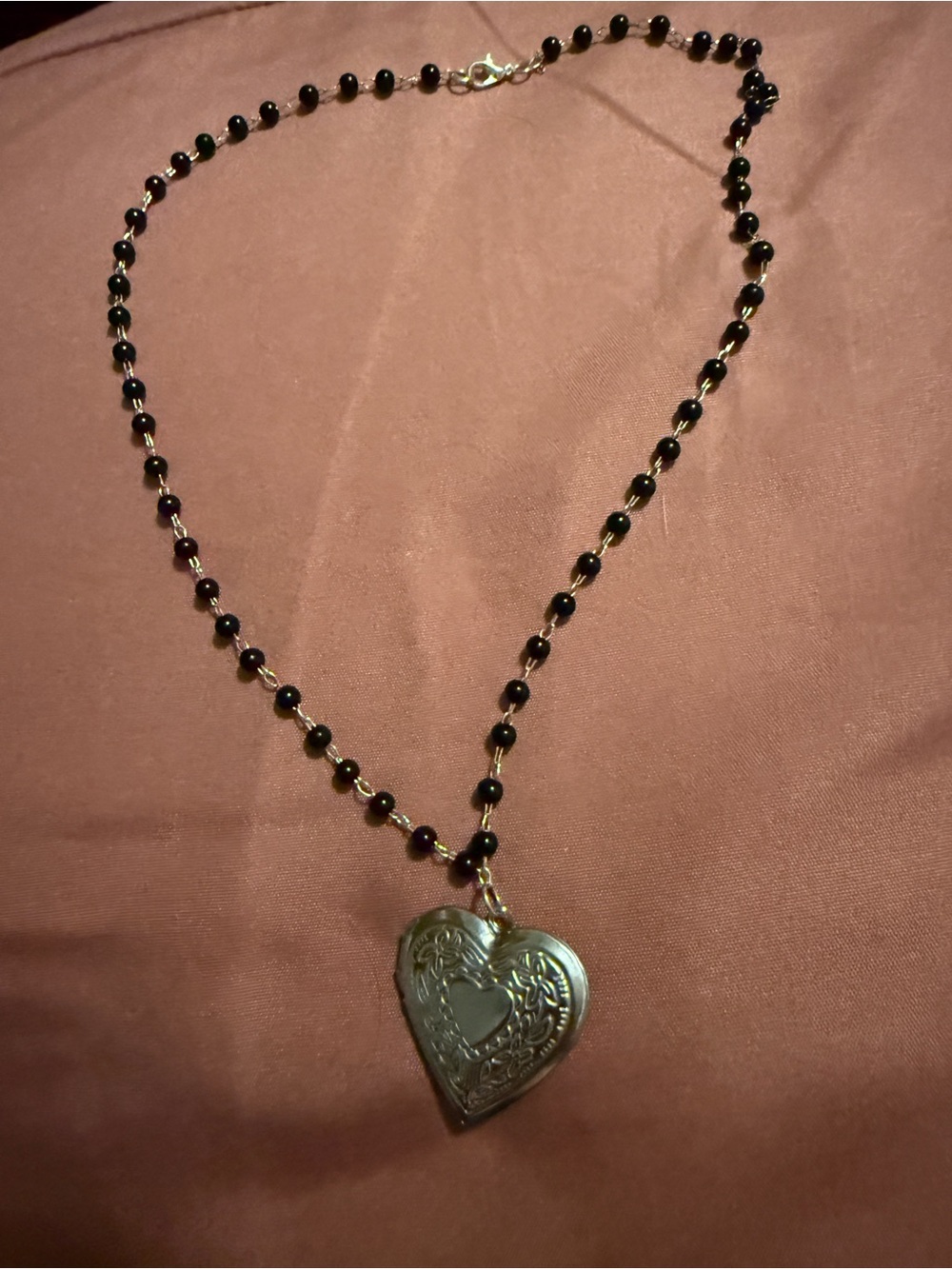 Black Beaded Heart Pendant Necklace - Unbranded